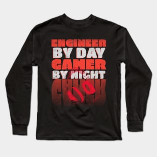 Gaming Quote Engineer by Day Gamer by night in Red Text Long Sleeve T-Shirt